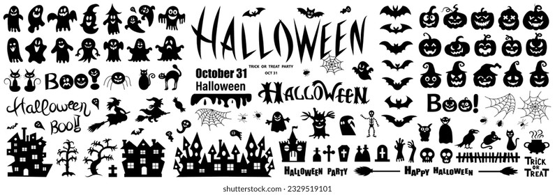 Big set of silhouettes of Halloween on a white background. Vector illustration.