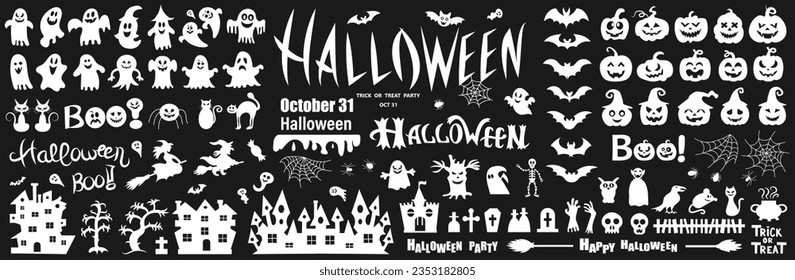 Big set of silhouettes of Halloween on a black background. Vector illustration.