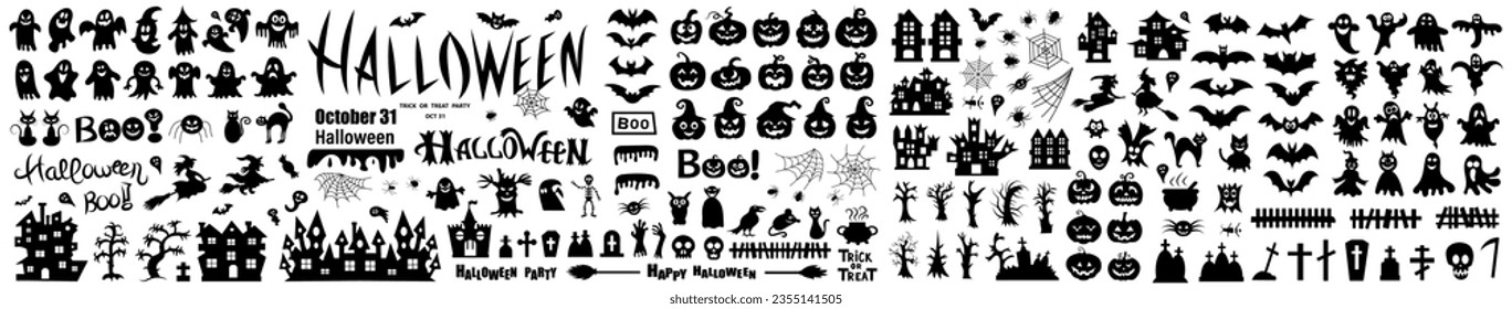 Big set of silhouettes of Halloween on a white background. Vector illustration.