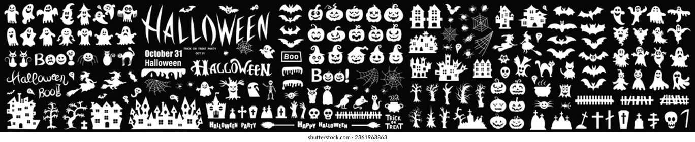 Big set of silhouettes of Halloween on a black background. Vector illustration.