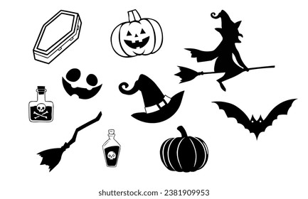 Big set of silhouettes of Halloween on a white background. 2D Vector illustration.