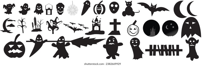 Big set of silhouettes of Halloween on a white background. Vector illustration