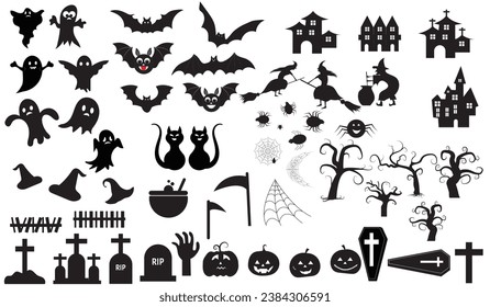 Big set of silhouettes of Halloween on a white background.  Black spooky elements for your design. Vector illustration. Hand drawn Halloween vector