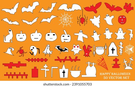 Big set of silhouettes of Halloween on a orange background.50 halloween  Vector Set.