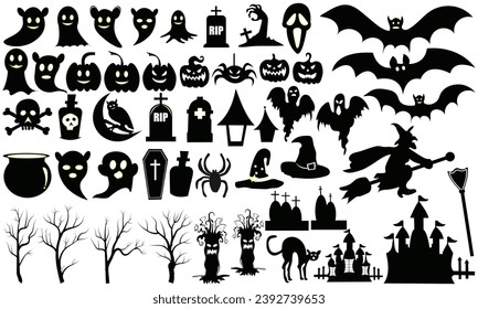 Big set of silhouettes of Halloween on a white background. Vector illustration.