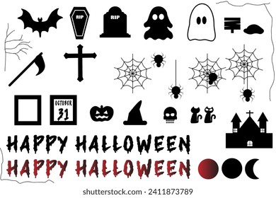 Big set of silhouettes of Halloween on a white background. Vector illustration.