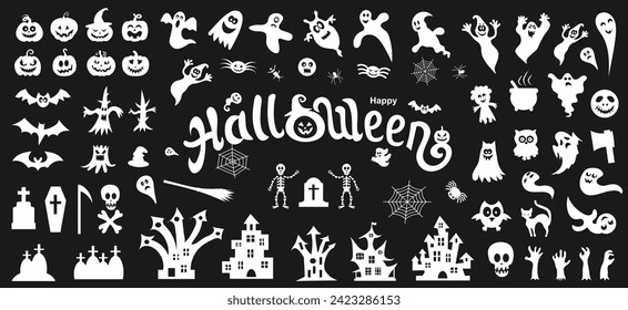 Big set of silhouettes of Halloween on a black background. Vector illustration.