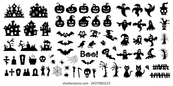 Big set of silhouettes of Halloween on a white background. Vector illustration.
