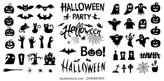 Big set of silhouettes of Halloween on a white background. Vector illustration.