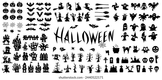 Big set of silhouettes of Halloween on a white background. Vector illustration.