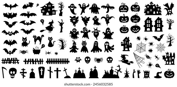 Big set of silhouettes of Halloween on a white background. Vector illustration.