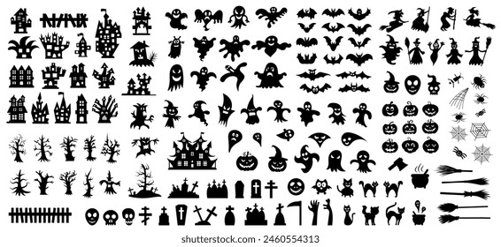 Big set of silhouettes of Halloween on a white background. Vector illustration.