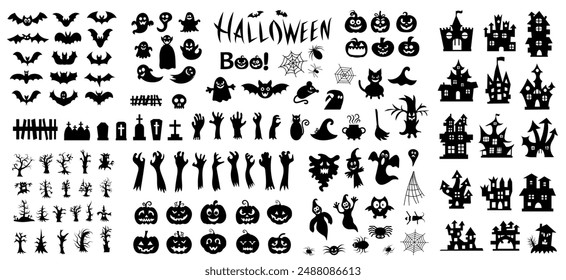 Big set of silhouettes of Halloween on a white background. Vector illustration.