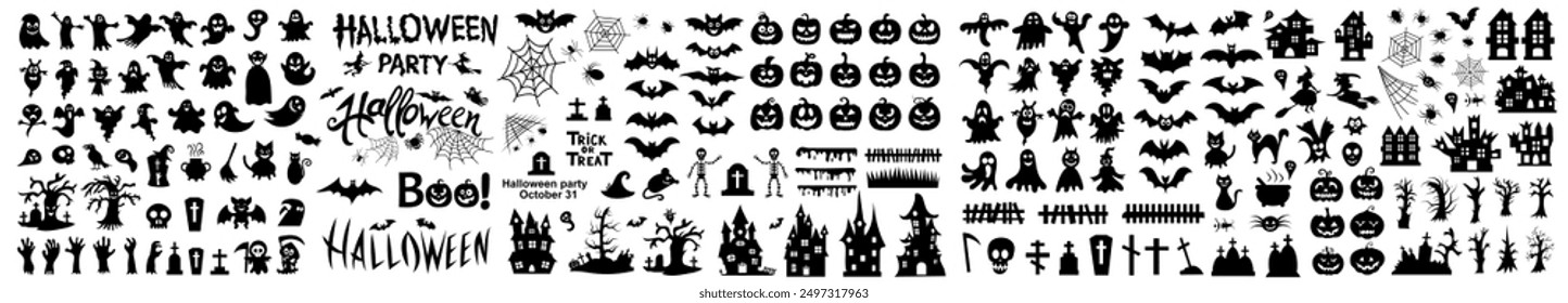 Big set of silhouettes of Halloween on a white background. Vector illustration.