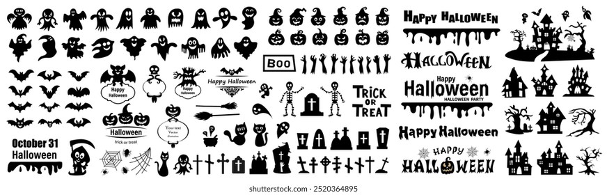 Big set of silhouettes of Halloween on a white background. Vector illustration.