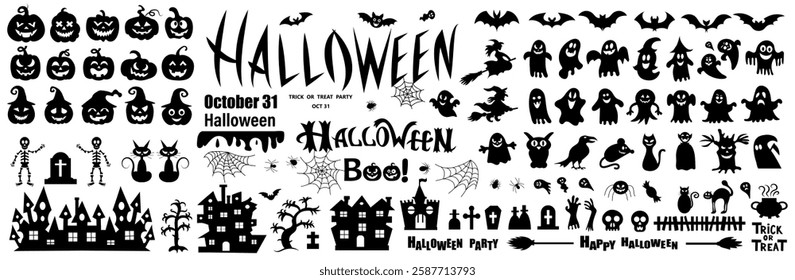 Big set of silhouettes of Halloween on a white background. Vector illustration.
