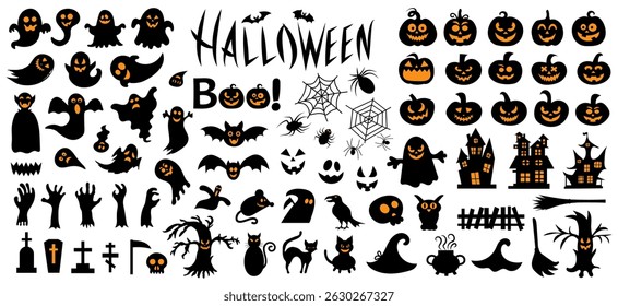 Big set of silhouettes of Halloween on a white background. Vector illustration.