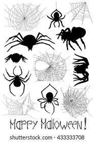 Big set with silhouettes of spiders and cobweb isolated on white.  Black and white vector illustration with hand drawn icons. Halloween collection. 