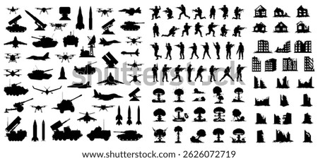 Big set of silhouettes of tanks, drones, missiles, fighter jets, soldiers in combat poses, ruined buildings, nuclear explosions, war machines. Modern warfare, military pack. Geopolitical conflict