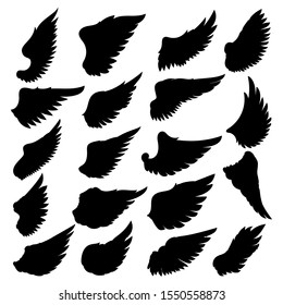 Big set of silhouettes of wings on white background. Design element for logo, label, badge, sign. Vector illustration