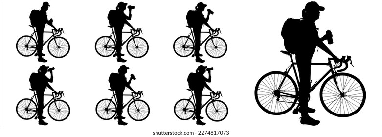Big set of silhouettes of women cyclists. A girl stands near the bike and holds a bottle of drink in her hand. Tourist in a cap with a backpack. Side view. Black color silhouette on white background
