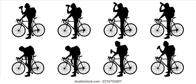 Big set of silhouettes of women cyclists. A girl stands near the bike and holds a bottle of drink in her hand. Cycling tourists with a backpack. Side view. Black color silhouette on white background