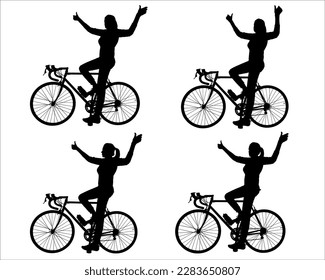 Big set of silhouettes of women cyclists. Girl on a bike. A woman rides a bike and shows a "like" gesture with her hands. Competition winner. First place. Competitions. Side view. Silhouette isolated