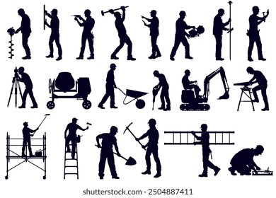 Big set of silhouettes of working builders. Set of eight silhouettes of construction workers