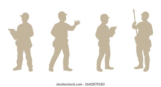 Big set of silhouettes of working builders. Set of eight silhouettes of construction workers