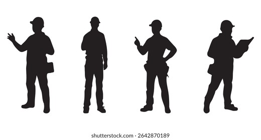 Big set of silhouettes of working builders. Set of eight silhouettes of construction workers