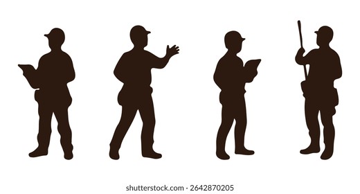 Grande conjunto de silhuetas de construtores de trabalho. Conjunto de oito silhuetas de trabalhadores da construção