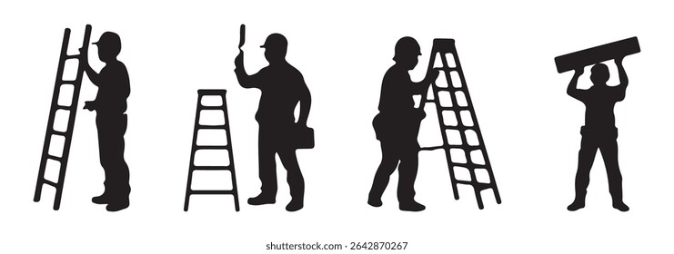 Big set of silhouettes of working builders. Set of eight silhouettes of construction workers