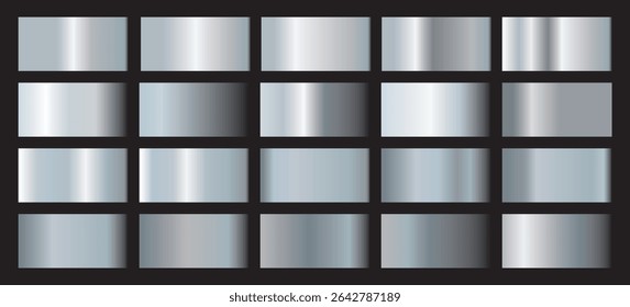 Grande conjunto de gradiente de prata, conjunto de gradiente brilhante metálico.  Coleção de gradientes de aço. Conjunto de prata folha textura fundo. prata, grad. Ilustração de gradiente metálico e prata. EPS 10