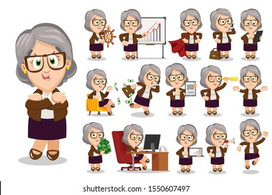 Big set with silver haired senior businesswoman in different situations. Aged spectacled lady, company owner, leader, financial director, banker working, speaking, jumping for joy. Cartoon vector.