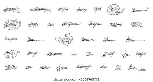 Big Set simple black Signatures isolated white background. Collection abstract human Signature. Perfect Autograph collection for contract Template design. Vector illustration. EPS 10