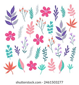 Big set of simple botanical elements. Cute doodle plants and flowers. Vector illustration.