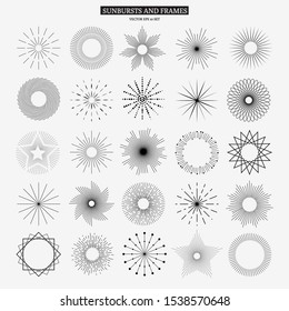 Big set of simple circular sun bursts isolated on light background. Round sun beam logos. Vector illustration for your graphic design.