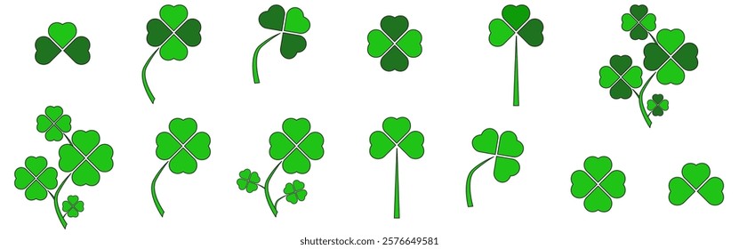 Big set Simple Clovers. Lucky Saint Patrick's Day symbol isolated white background. Shamrock leaf collection. Vector Clover template design. EPS 10