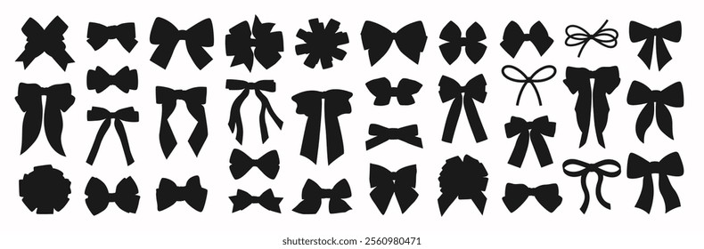 Big set of simple decorative holiday ribbon bow for present, icon to decorate isolated on white background. Contour, silhouette for gift wrapping for birthday, Christmas, New Year. Flat Vector EPS10