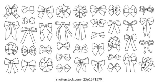 Big set of simple decorative holiday ribbon bow for gift, present, envelope. Contour, outline bow-ball wrapping for birthday, Christmas, New Year. Isolated Flat Vector EPS10