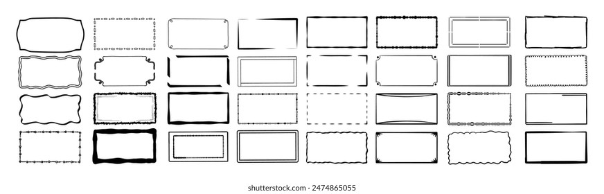 Big set of simple frames doodle vector different style. Curve borders pencil effect grunge line, chain, Isolated on white background. 