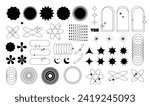 Big set of simple geometric shapes in vintage Y2k aesthetic style. Trendy minimalist arch frame with stars and sparkles. 00s design elements for banners, social media, poster design, packaging. Vector