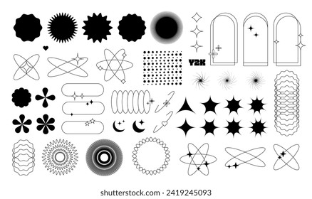 Gran conjunto de formas geométricas simples en estilo estético vintage Y2k. Marco de estilo minimalista con estrellas y destellos. Elementos de diseño de los años 1000 para banners, medios sociales, diseño de afiches, empaque. Vector