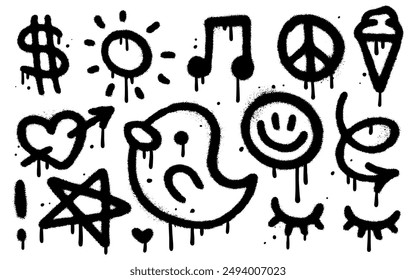 Big Set of simple graffiti spray elements. Collection of sprayed texture bird, peace, heart, dollar, sun, arrow, melody note. Elements on white background for banner, decoration, street art. Vector