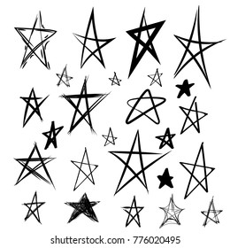 Gran conjunto de simples estrellas de marcadores ásperas dibujadas a mano. Para tu diseño gráfico. Ilustración vectorial. Aislado sobre fondo blanco