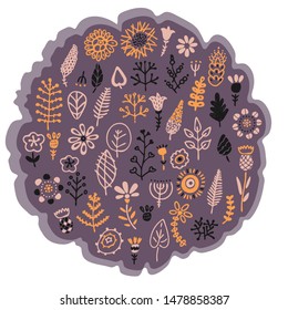 
Big set with simple leaves, dried flower and sticks in modern scandinavian style. Cute hand drawn collection in purple, black, pink and orange. 