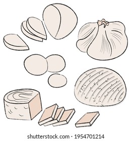 Big set of simple linear flat icons with homemade cheeses. Collection of Italian, French and Georgian white soft cheeses. Popular dairy products. Sliced ​​piece. Illustrations of food varieties