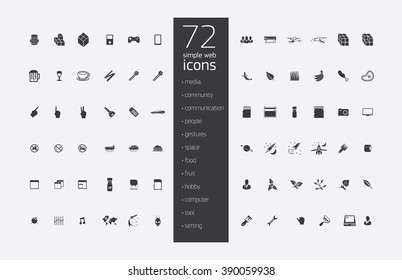 Big set of simple monochrome icons on various subjects: media, communication, people, gestures, space, food, hobby, travel, computer, tool. Collection of quality icons for working with Web graphics.
