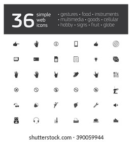 Big set of simple monochrome icons on various subjects:gestures, food, instruments, multimedia, goods, cellular, hobby, signs, fruit, globe. Collection of quality icons for working with Web graphics.
