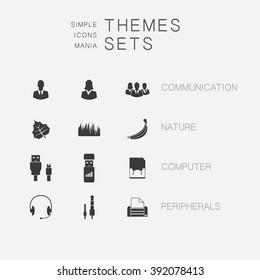 Big set of simple monochrome icons on various subjects:  business communication, leaf vector,  computer parts, peripherals. The collection of high quality icons for working with Web graphics.
